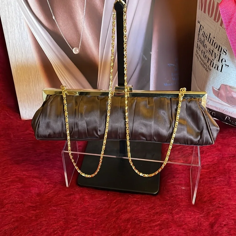 Cache Brown & Gold Satin Clutch Crossbody with Gold Chain purse bag